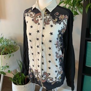 Sandro Womens Black Cream Red Star Blouse Western Style Size 1 Button Up